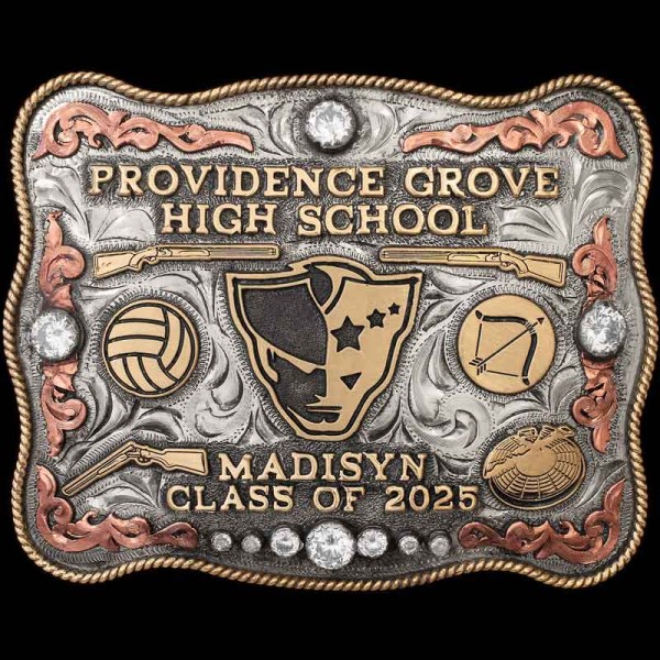 "Celebrate your accomplishments with our Madisyn Buckle! This buckle has plenty of room in the center for any figure to represent your life achievements & accolades. Crafted on a hand-engraved, German Silver base with a light antique finish. This